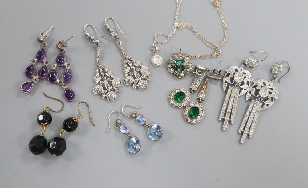 A quantity of white metal earrings and studs including paste and amethyst.